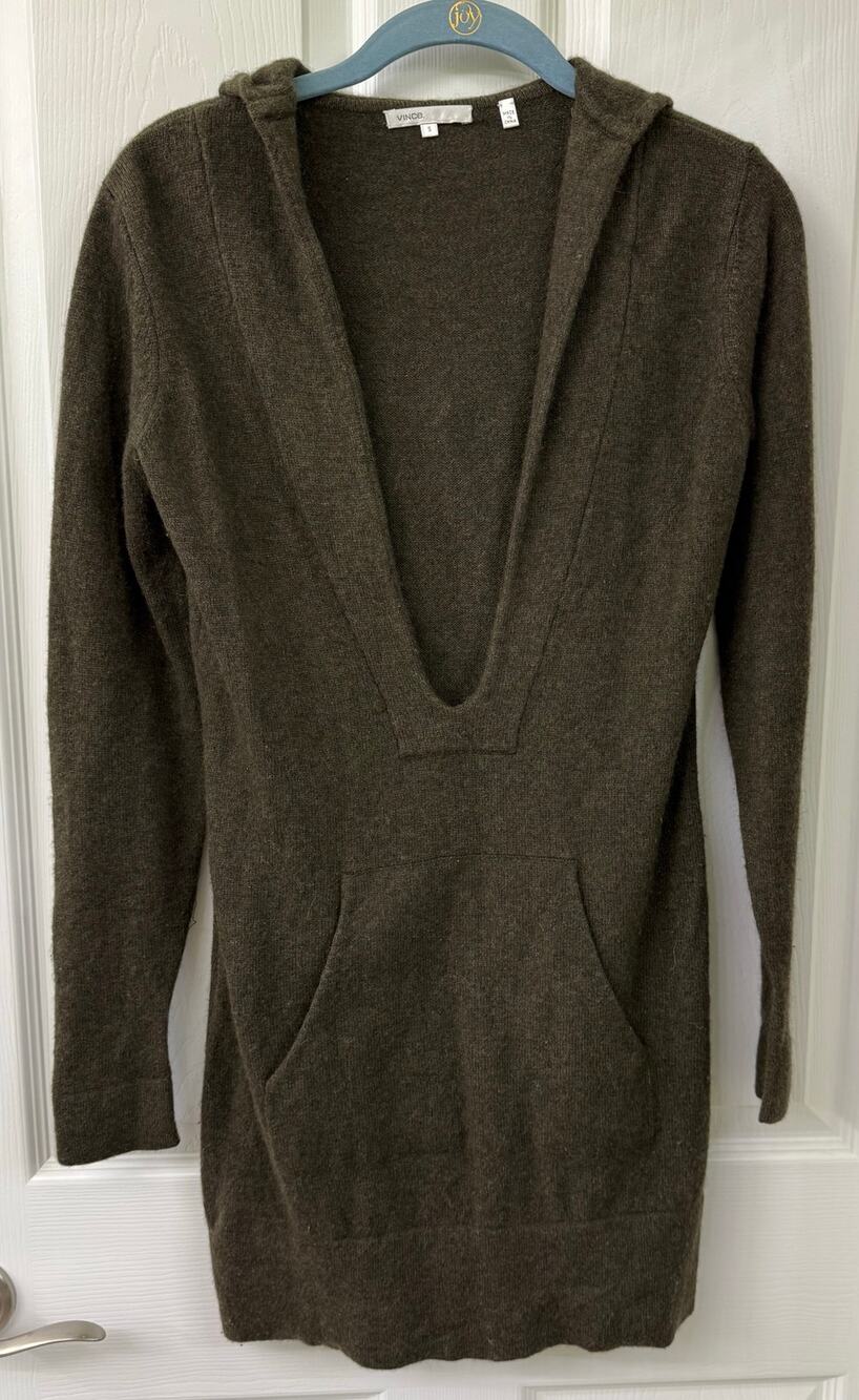 Vince 100% cashmere deep V-neck hooded tunic sweater dark green /dark brown